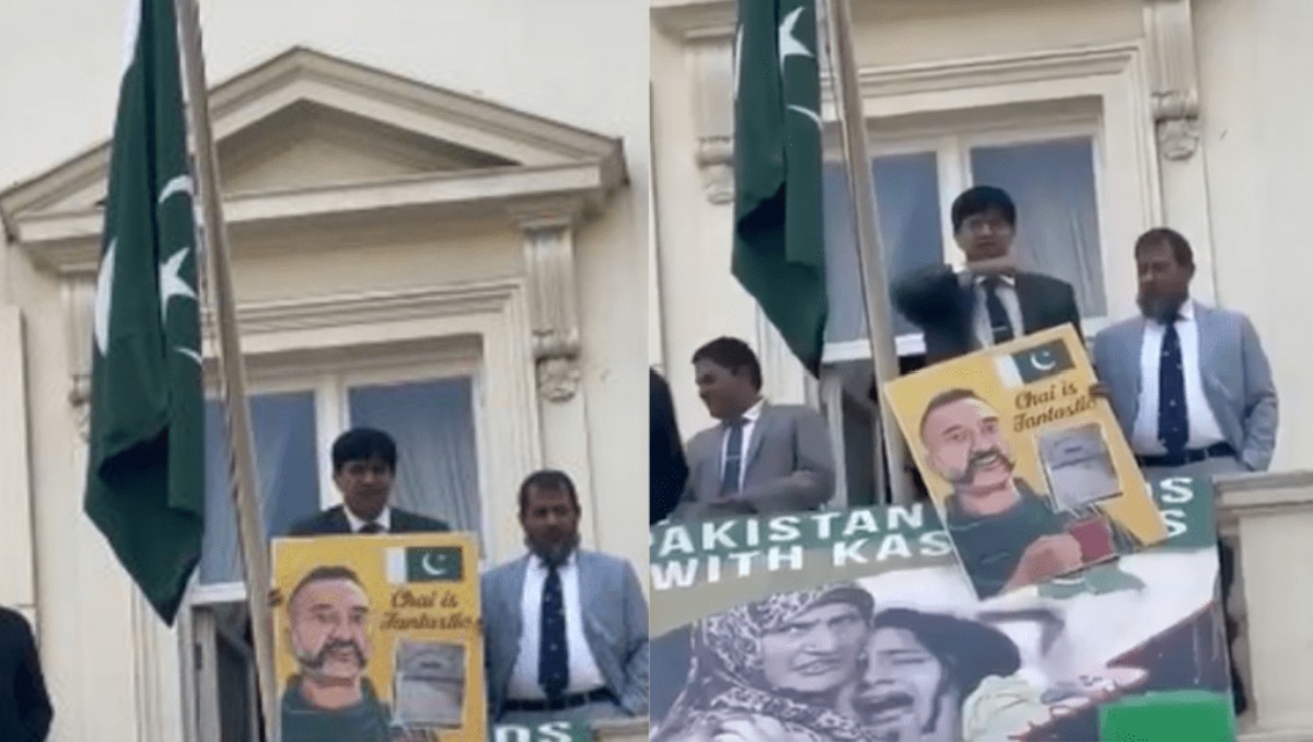 Holding Abhinandan’s poster, Pak diplomat makes throat slit gesture at Indian protestors in UK