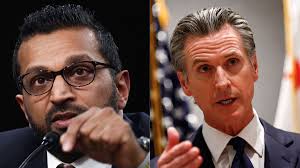 "Kash Patel speaking at a political event with protest scenes in background representing LA unrest"