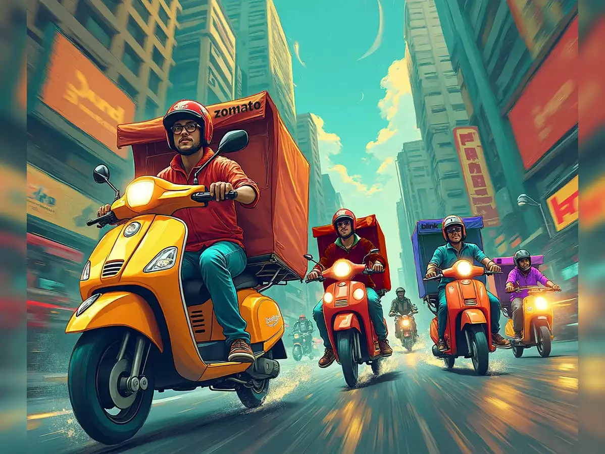 "Delivery executive at a Blinkit dark store preparing a quick commerce grocery order in India"