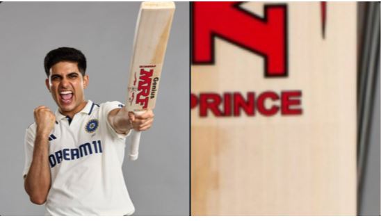 Shubman Gill holding his MRF bat with the word 'GOD' inscribed, during a cricket match.