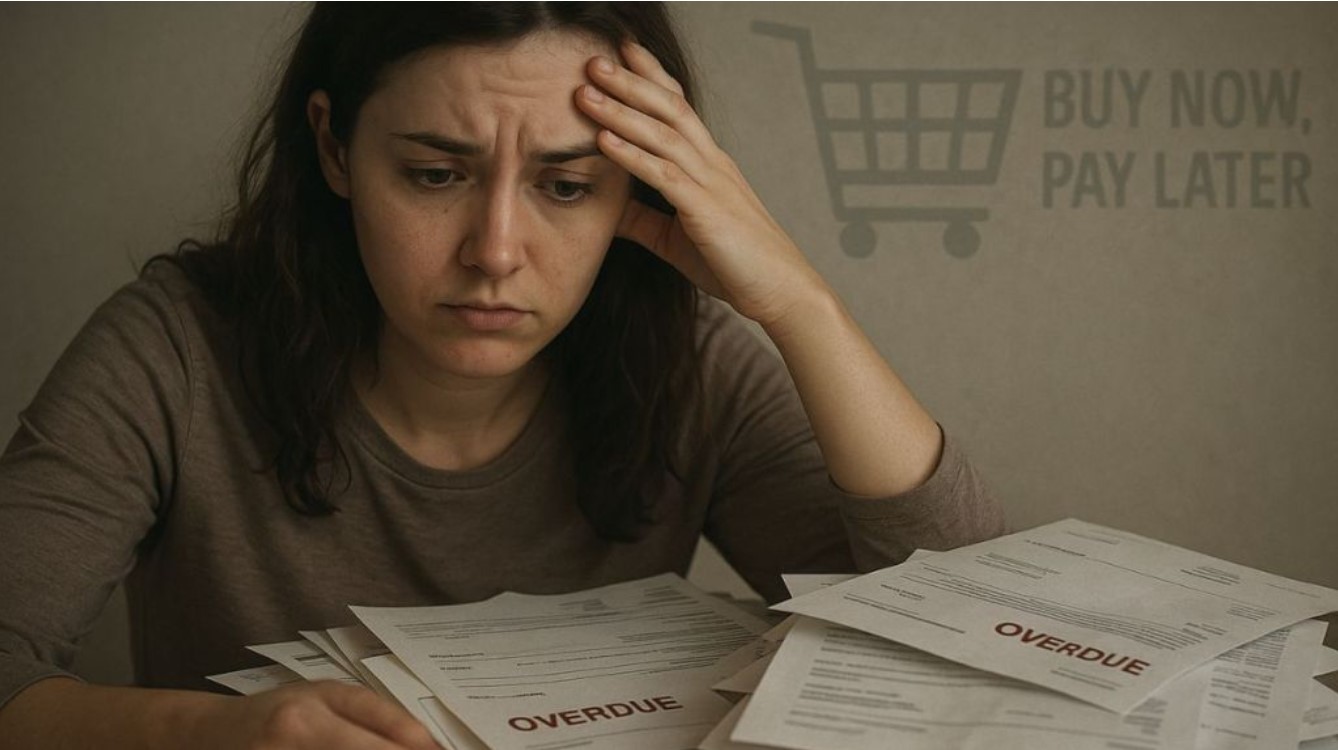 "Illustration showing a shopper overwhelmed by multiple BNPL payment notifications and credit alerts"