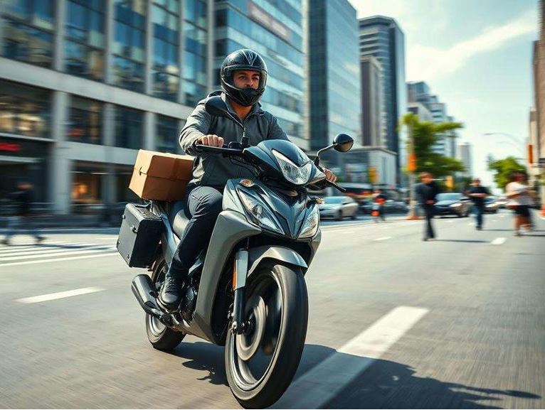 "Quick commerce delivery rider on a scooter with grocery bags, representing rapid delivery and discount-driven competition in urban areas"