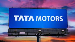 Tata Motors logo with declining stock graph in background