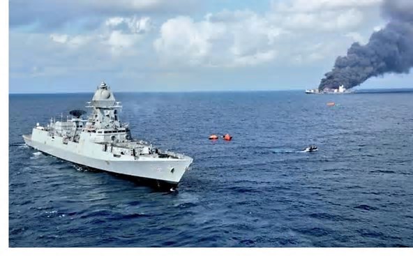 "Fire containment efforts on Singapore-flagged cargo ship off Kerala coast"