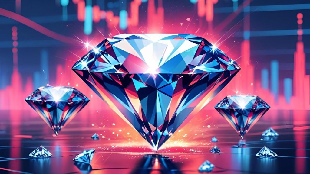 Close-up of a lab-grown diamond held by tweezers over a financial chart, symbolizing ethical investing in the diamond industry.