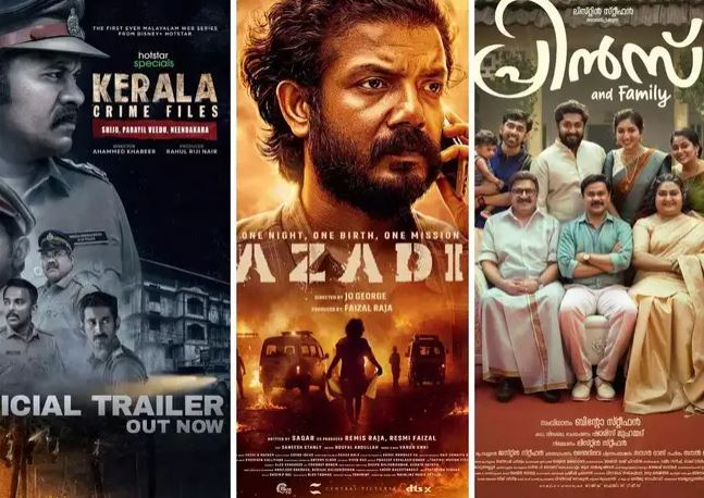 "Posters of latest Malayalam OTT releases including Kerala Crime Files 2, Azadi, and Prince and Family streaming on Netflix, Prime Video, and Hotstar in June 2025"
