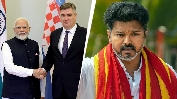 Prime Minister Modi with Croatian officials during his diplomatic visit, alongside artifacts uncovered at the Keeladi excavation site.