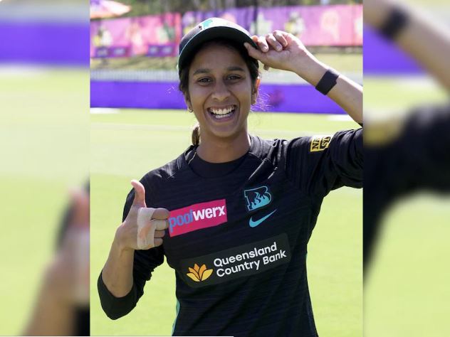 "Jemimah Rodrigues celebrates after being retained by Brisbane Heat for WBBL 2025 International Players Draft"