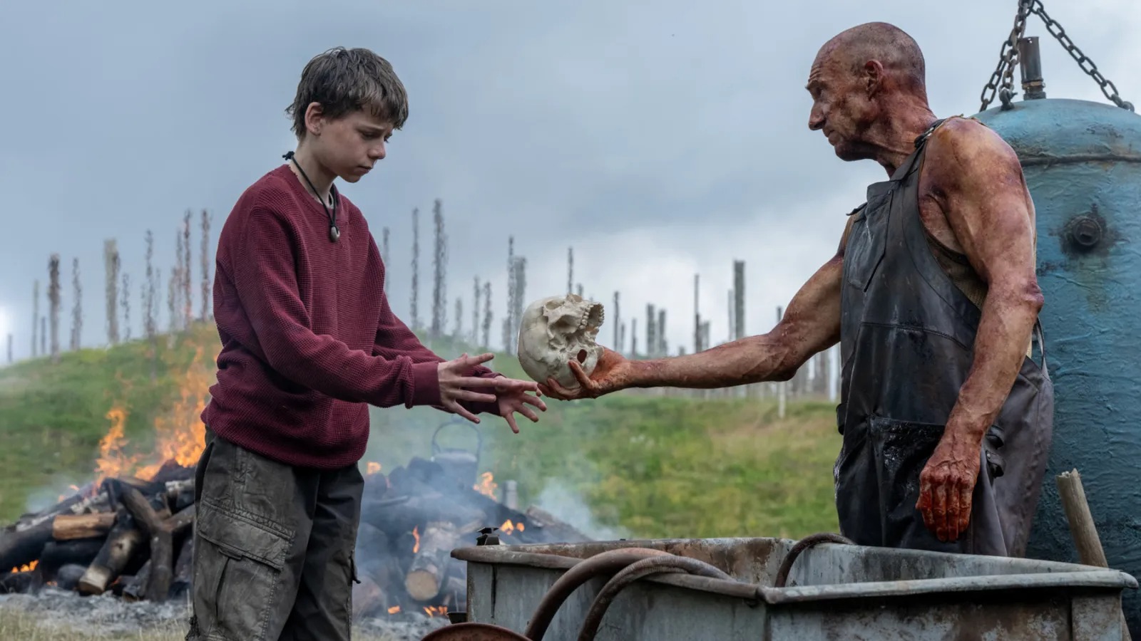 Scene from 28 Years Later movie showing survivors in post-apocalyptic Britain