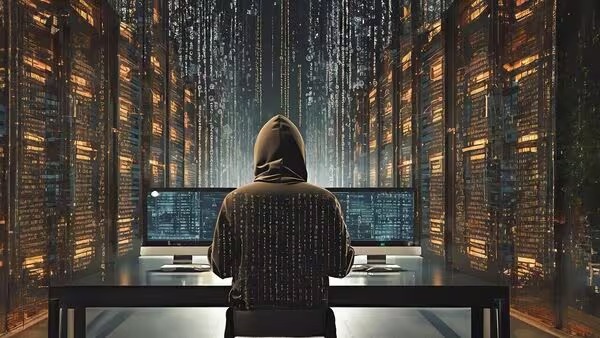 A hacker in a dark room stealing login credentials on multiple screens, symbolizing a major global data breach