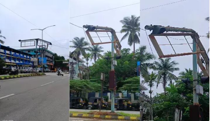 "Rusting traffic signal pole at a busy junction in Udupi posing risk to public safety"