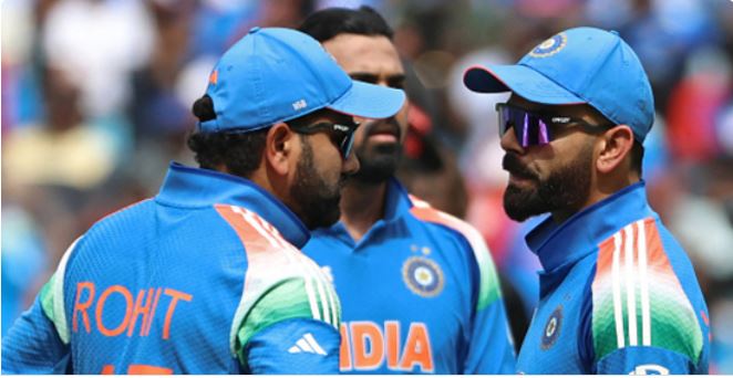 Virat Kohli and Rohit Sharma during a match with Sourav Ganguly speaking in background