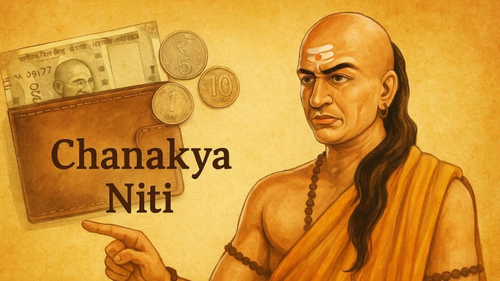 Illustration of Chanakya with ancient scrolls and modern money symbols