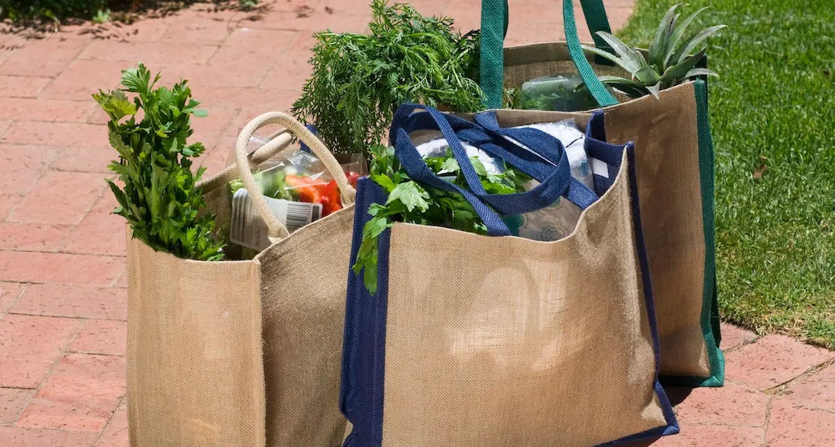Person practicing sustainable living with reusable bag and eco products