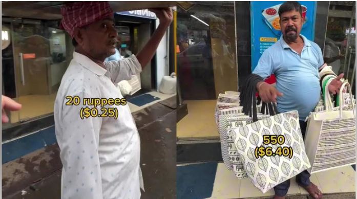 Tourist bargaining with local vendor in Indian market over tote bag