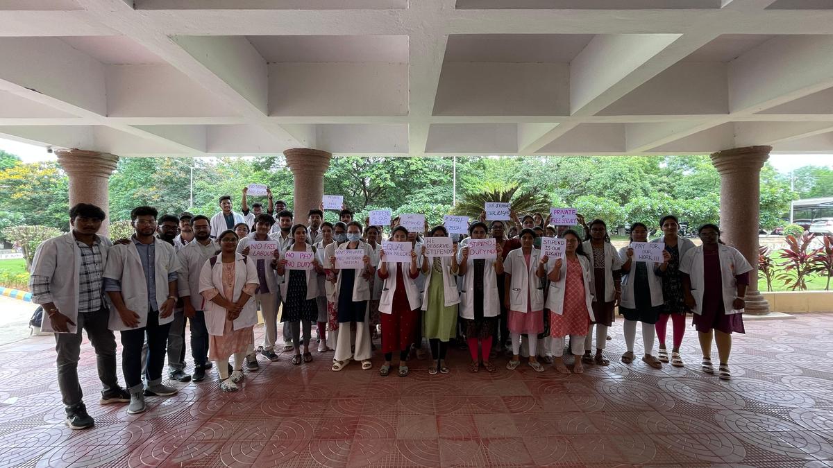 MBBS students protesting against stipend malpractice at private medical colleges in Telangana