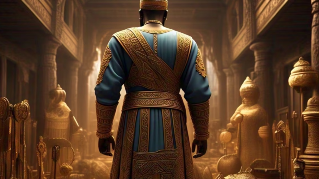 Portrait illustration of Mansa Musa holding a gold coin, symbolizing immense historic wealth and prosperity.