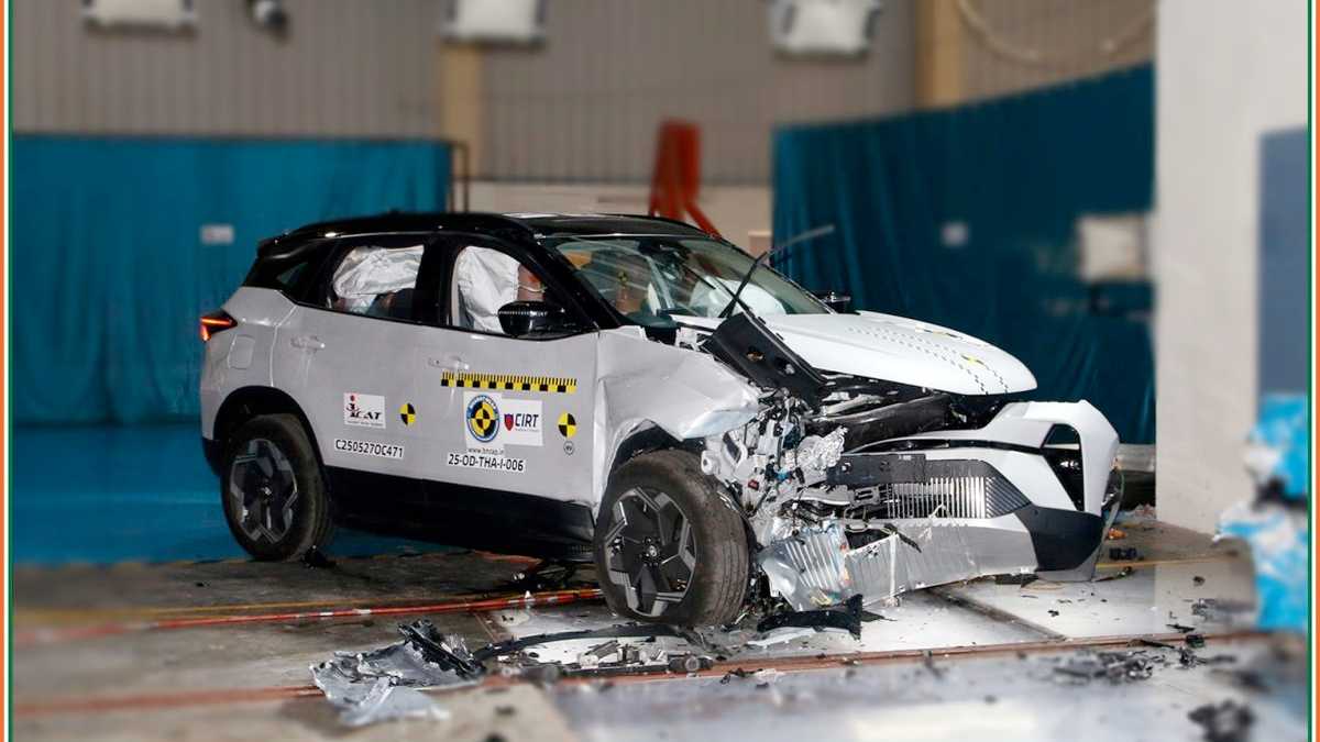 Tata Harrier EV undergoing Bharat NCAP crash test, showcasing strong body structure and airbag deployment.