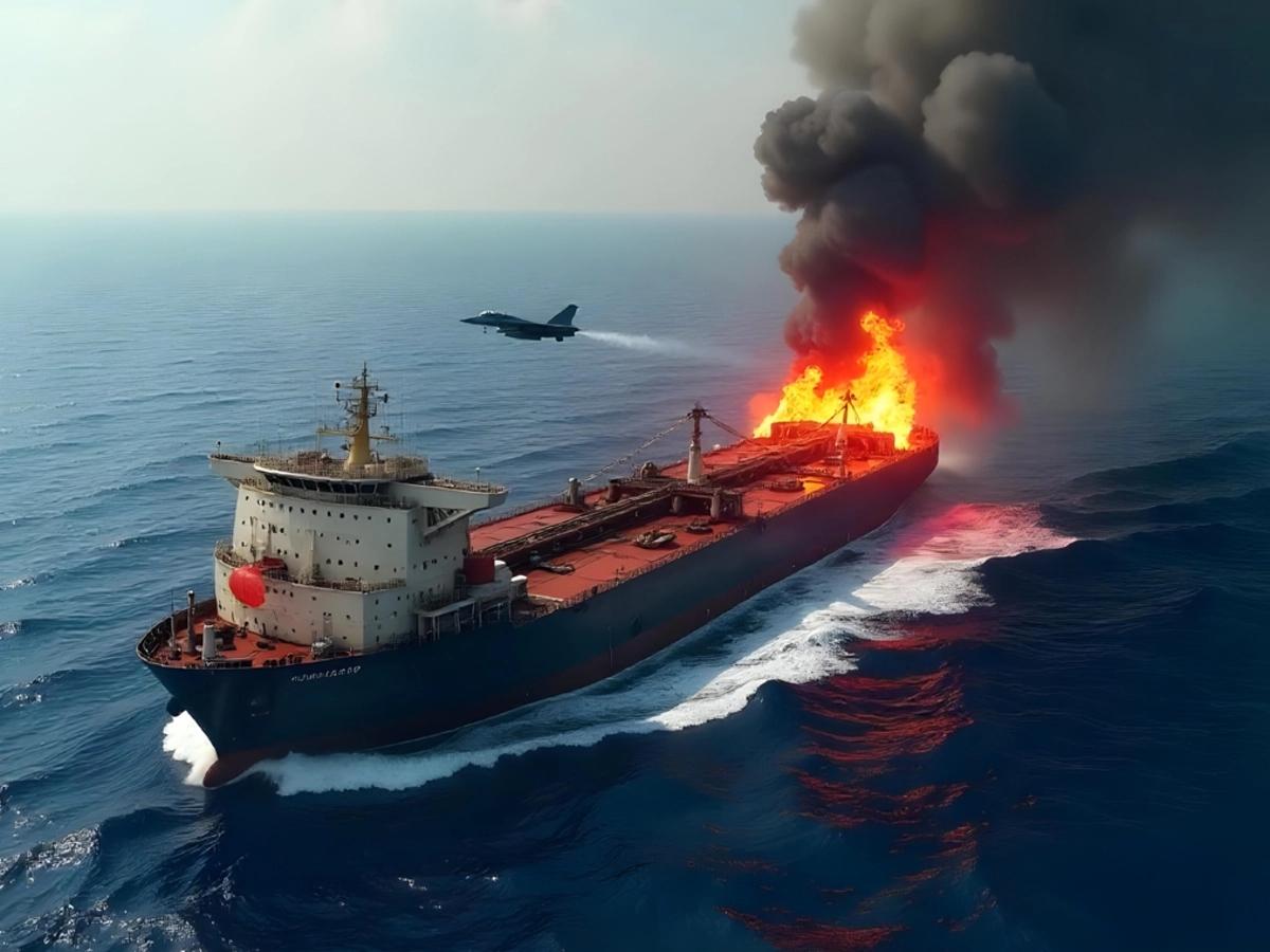 Map showing the strategic Strait of Hormuz with oil tanker routes and geopolitical hotspots highlighted.