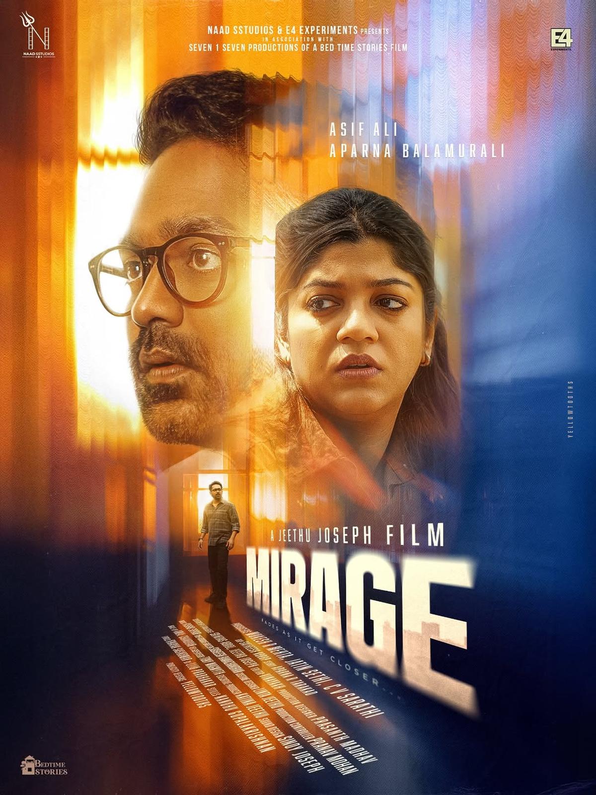 First look poster of Mirage, featuring Asif Ali and Aparna Balamurali in a suspenseful setting.