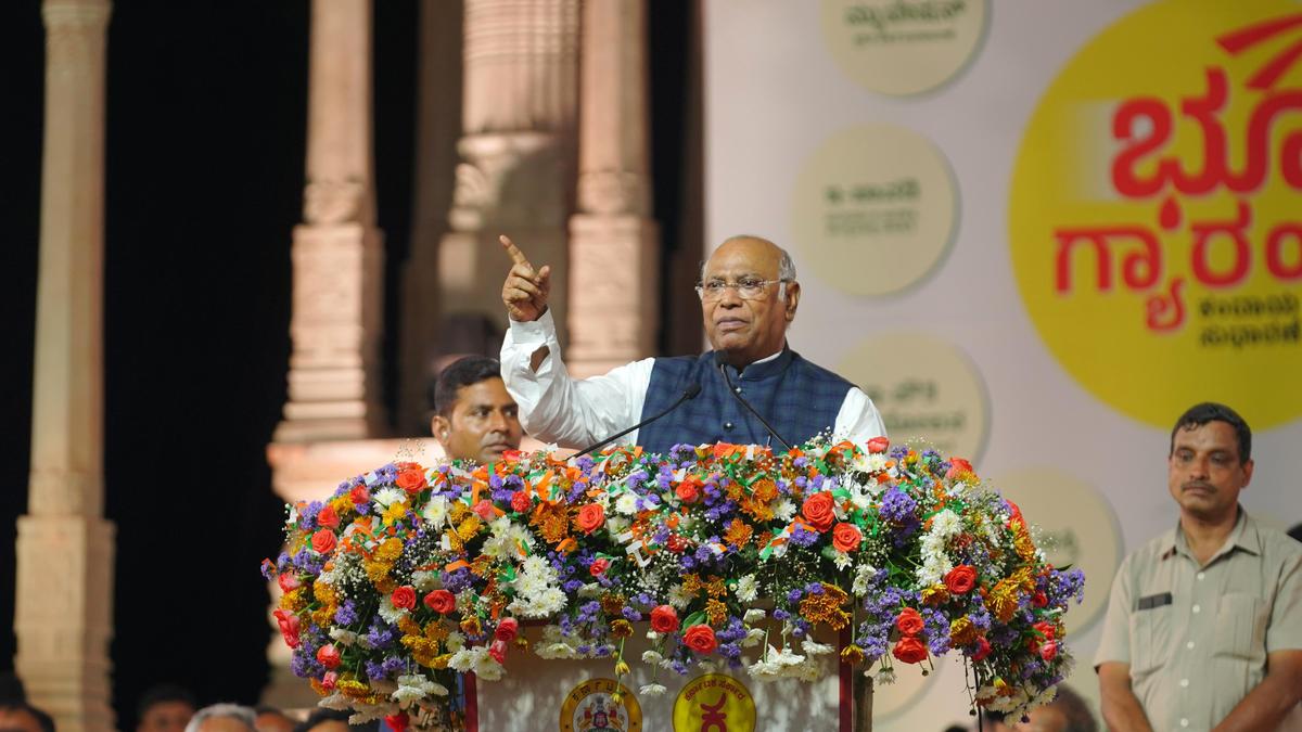 Mallikarjun Kharge addressing media, criticizing BJP over Emergency narrative