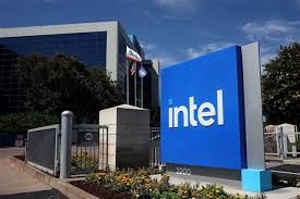 Intel headquarters signage with restructuring announcement under new CEO