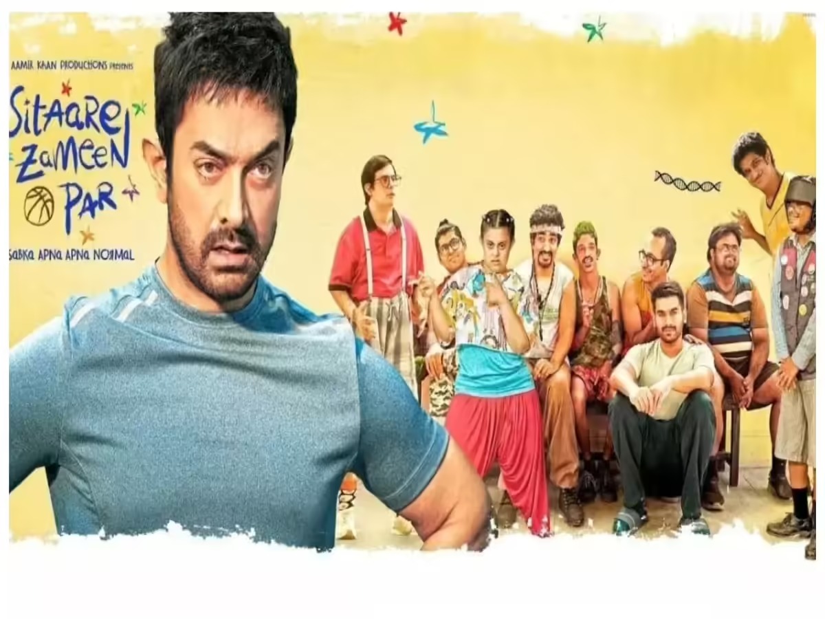 Aamir Khan in Sitaare Zameen Par film still with box office chart in background.
