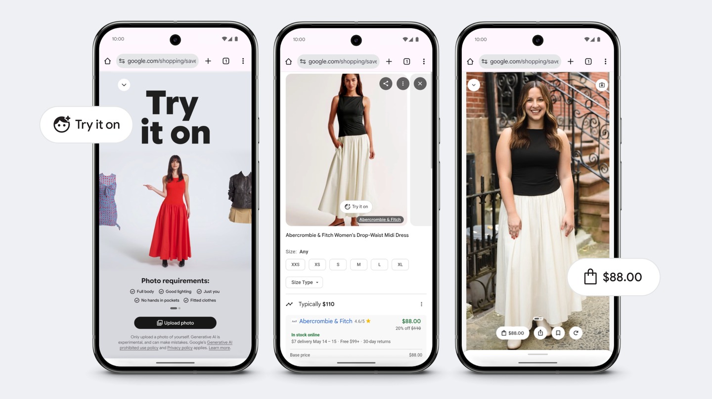 A person using Google’s Doppl app to try on clothes virtually using a 3D avatar on a smartphone