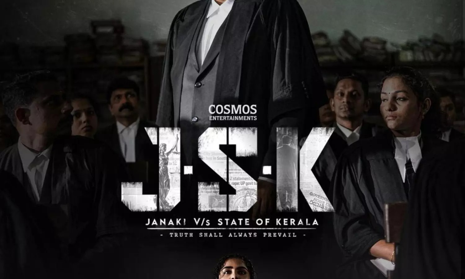 High Court judges during a hearing on film censorship, with posters of Sita Aur Geeta, Ram Lakhan, and Janaki vs State of Kerala in the background symbolizing the debate on film titles