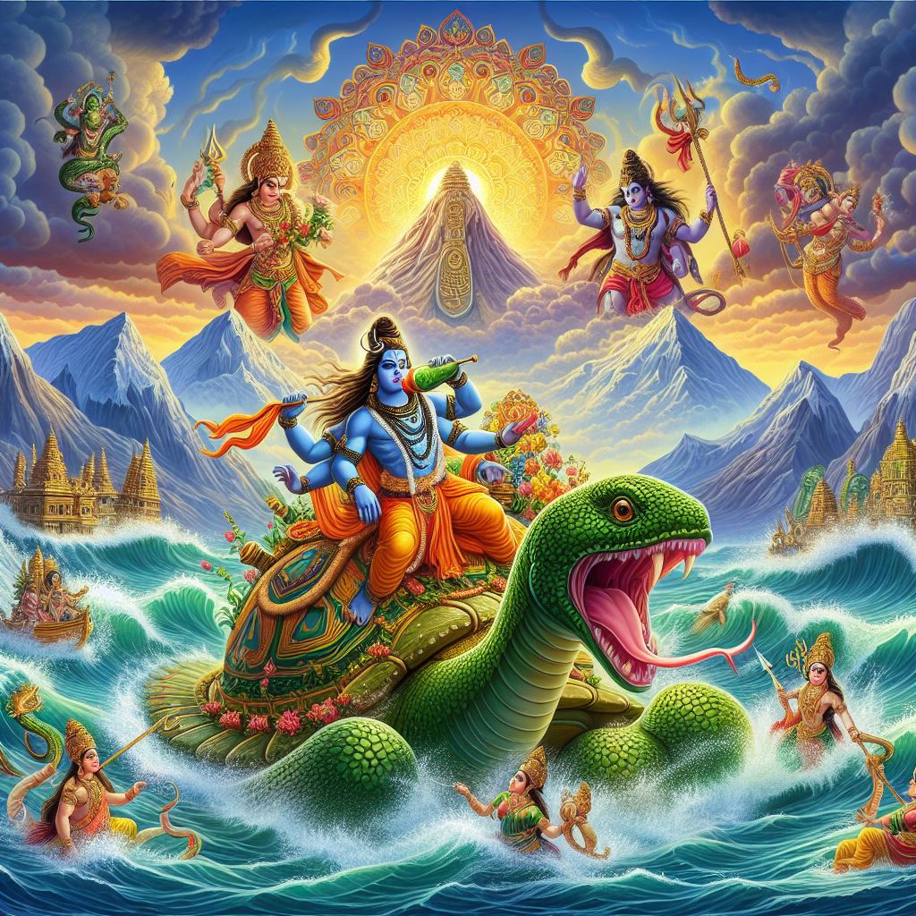 “Lord Shiva drinking poison during the churning of the ocean, surrounded by devas and asuras”