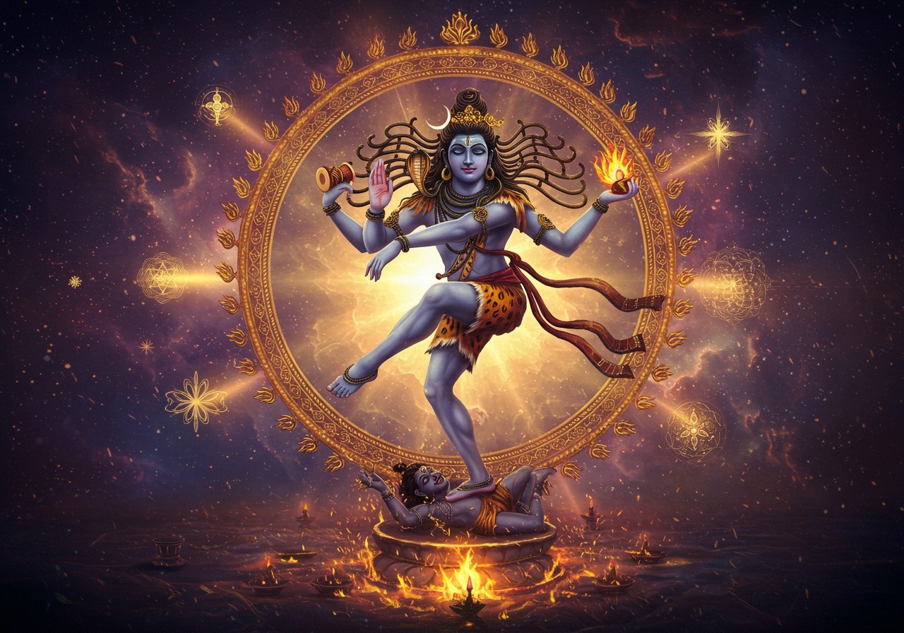 “Lord Shiva as Nataraja dancing in a circle of fire crushing Apasmara, symbol of ego”