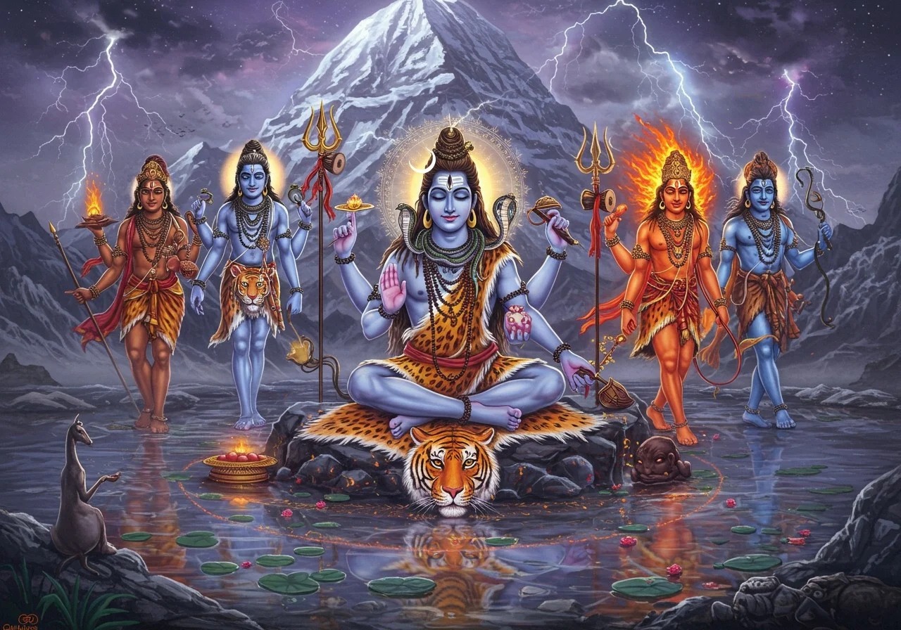 “Depiction of Lord Shiva with eleven fierce Rudra forms surrounding him in divine light”
