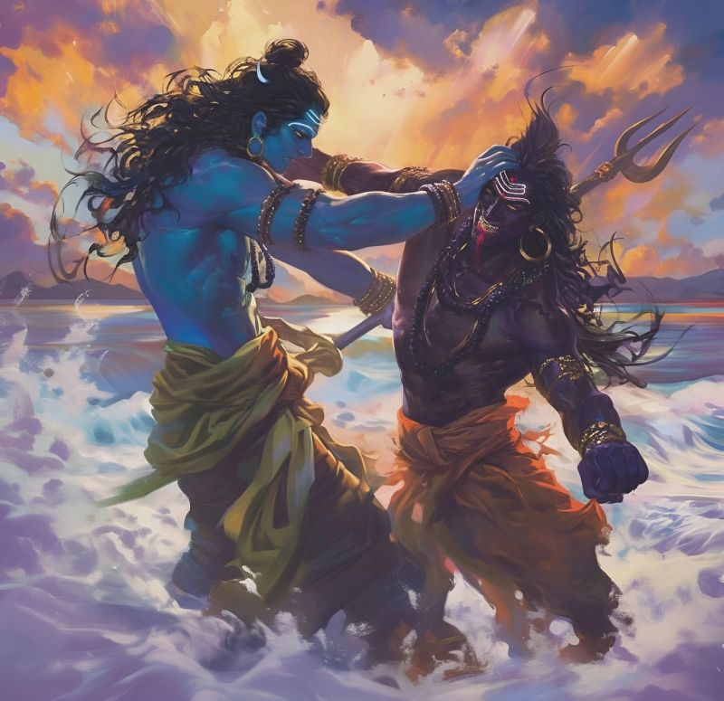 “Shiva battling Jalandhara with cosmic energy, Parvati and Vrinda in the background”