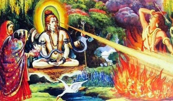 Shiva opening his third eye as Kamadeva dissolves into ashes amid blooming nature
