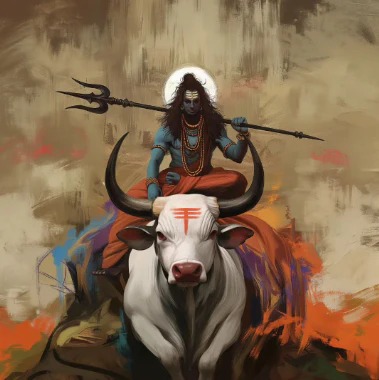 “Nandi the sacred white bull sitting in devotion before Lord Shiva”