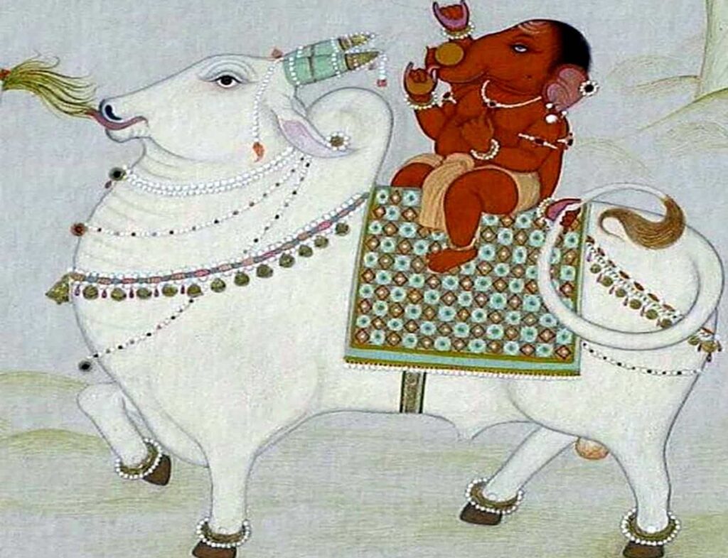 “Ganesha riding on Nandi, the bull, joyfully on Mount Kailash”