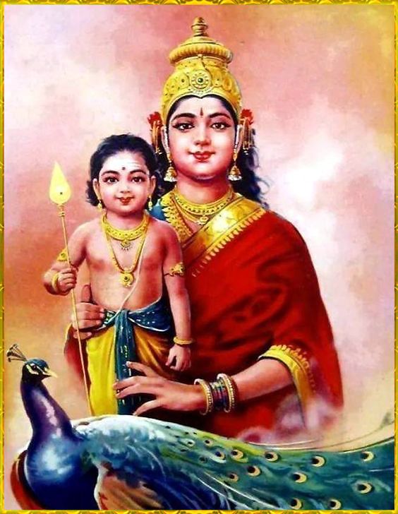 Parvati gently placing a garland on Murugan as he holds his Vel, smiling with devotion