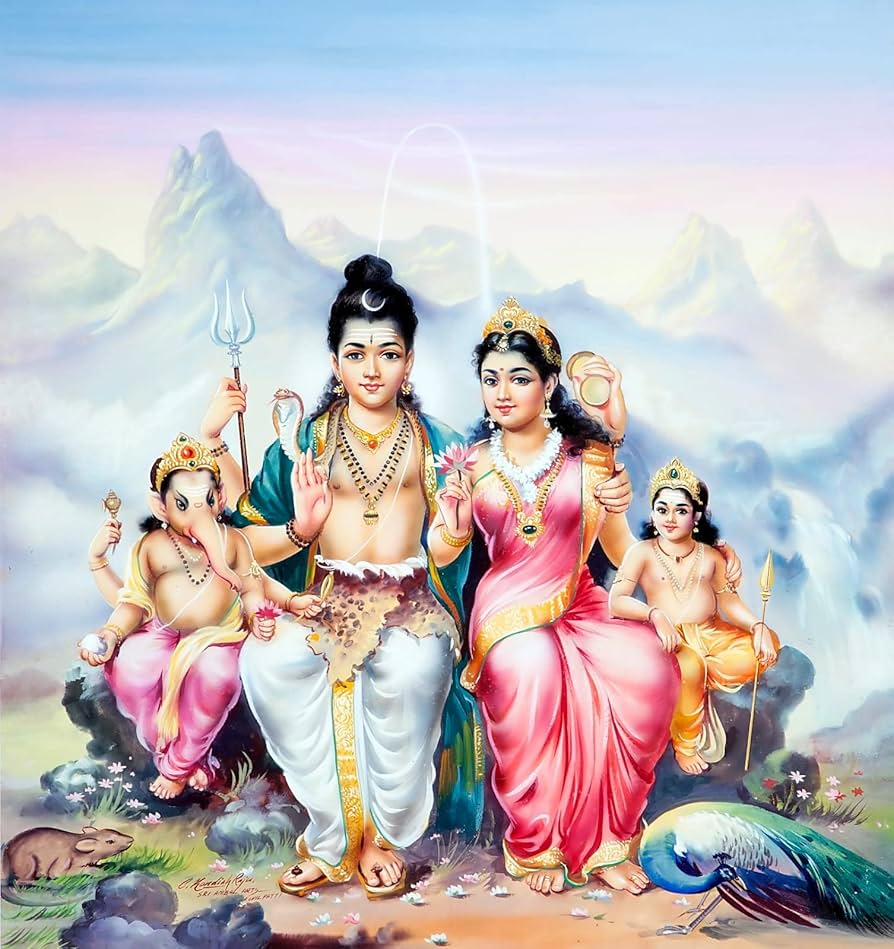 “Mount Kailash with Shiva meditating, Parvati seated beside him, and Ganesha and Murugan playing near the base”