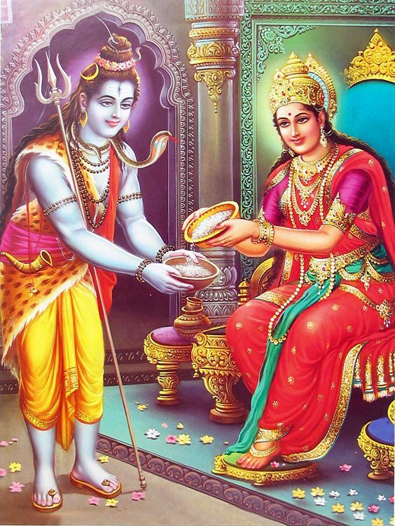 “Goddess Annapurna Devi in divine attire, holding a golden bowl and ladle, feeding Lord Shiva with compassion”