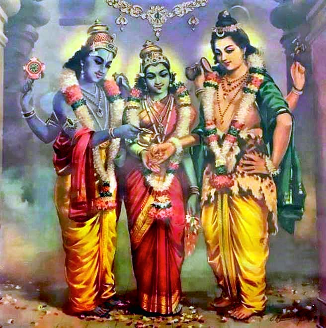 “Shiva and Meenakshi depicted in a grand celestial wedding, surrounded by gods and goddesses in the Madurai temple”