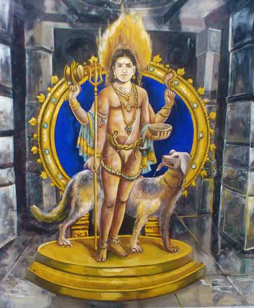 “Shiva as Bhikshatana, the divine beggar, walking with a begging bowl, ash-smeared, adorned with serpents, radiating beauty and detachment”