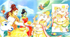 Ganesha circling Shiva and Parvati as Murugan flies off on his peacock”