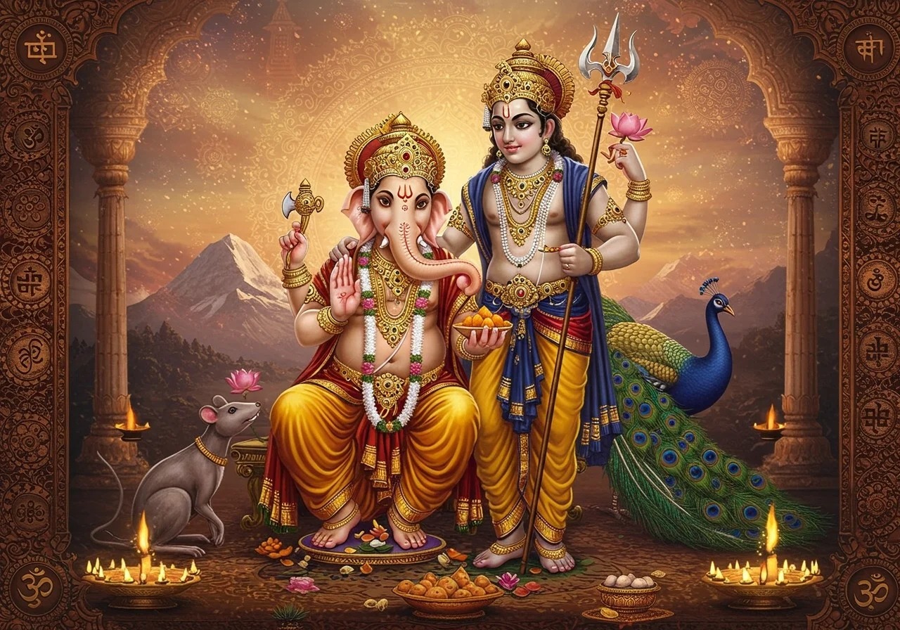 Lord Ganesha riding a mouse and Lord Murugan soaring on a peacock with a spear”