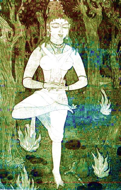 Goddess Parvati meditating in the forest while Lord Shiva watches silently”
