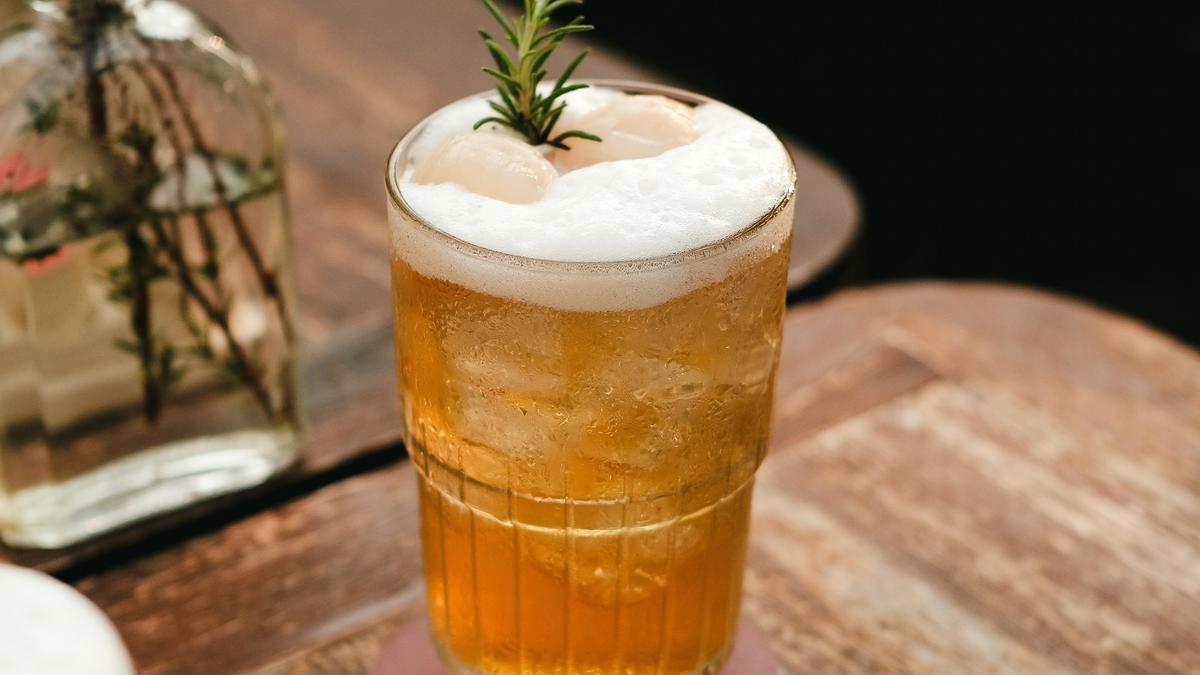 Glass of kombucha with a healthy gut microbiome illustration in the background