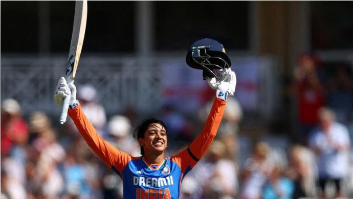Smriti Mandhana celebrates century during India vs England 1st T20I 2025