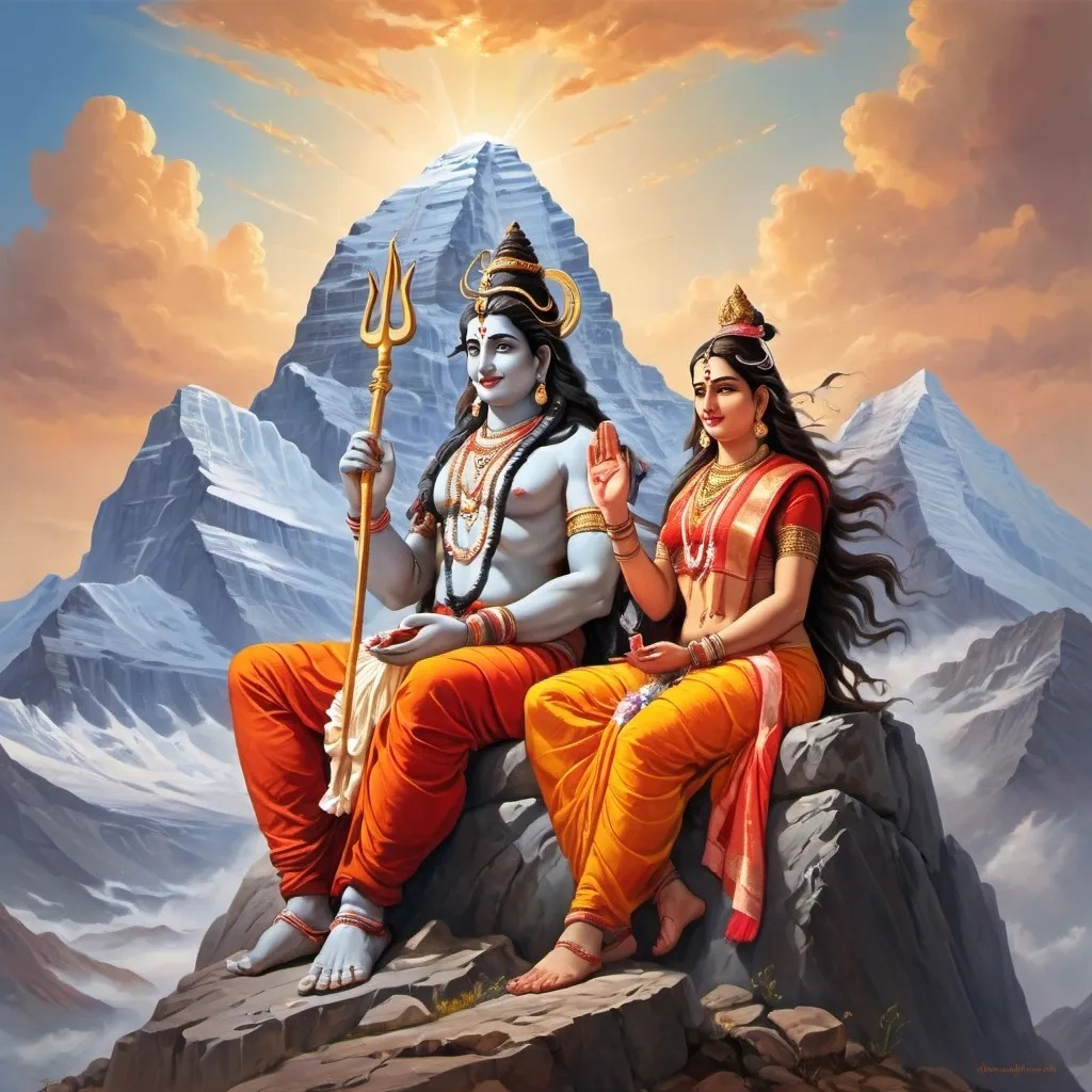 Shiva, Parvati, Ganesha, and Kartikeya sitting around a fire on Mount Kailash under starry skies”
