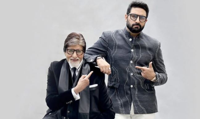 Amitabh Bachchan and Abhishek Bachchan during a public appearance showing father-son bond