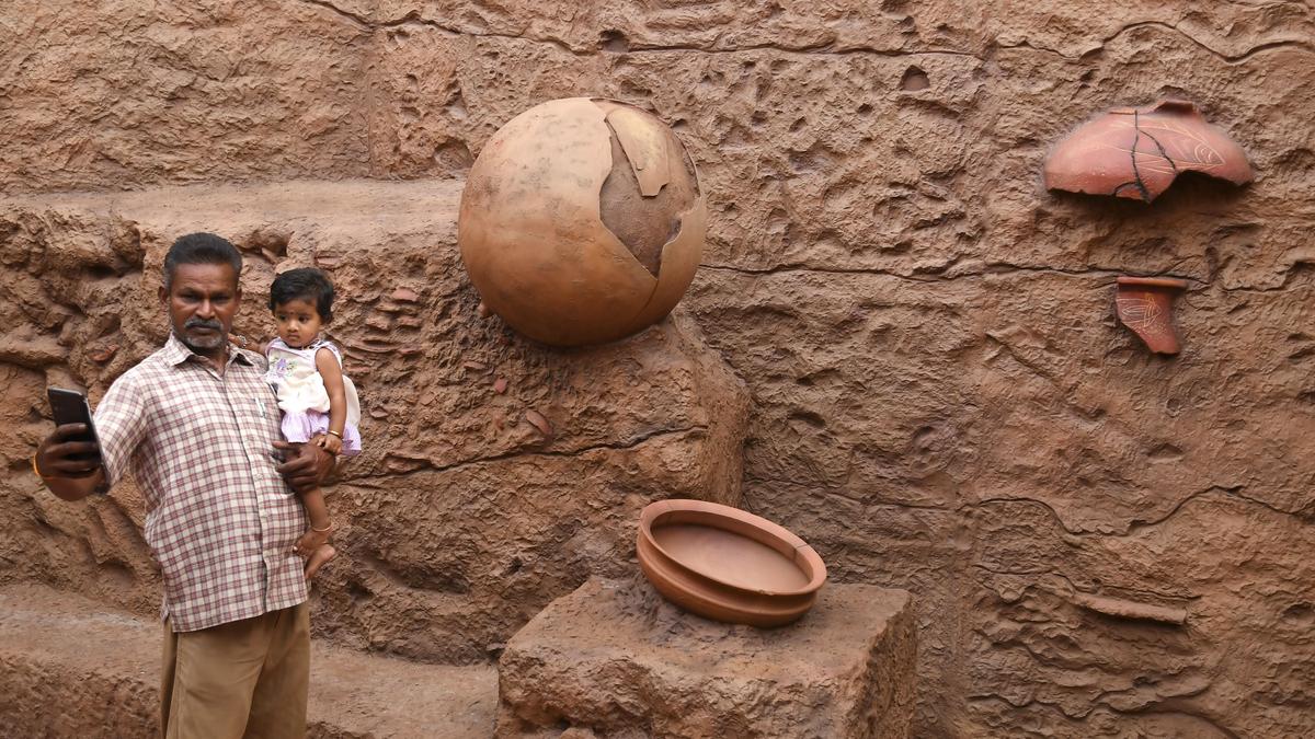 Ancient pottery and excavation tools at Keeladi archaeological site in Tamil Nadu