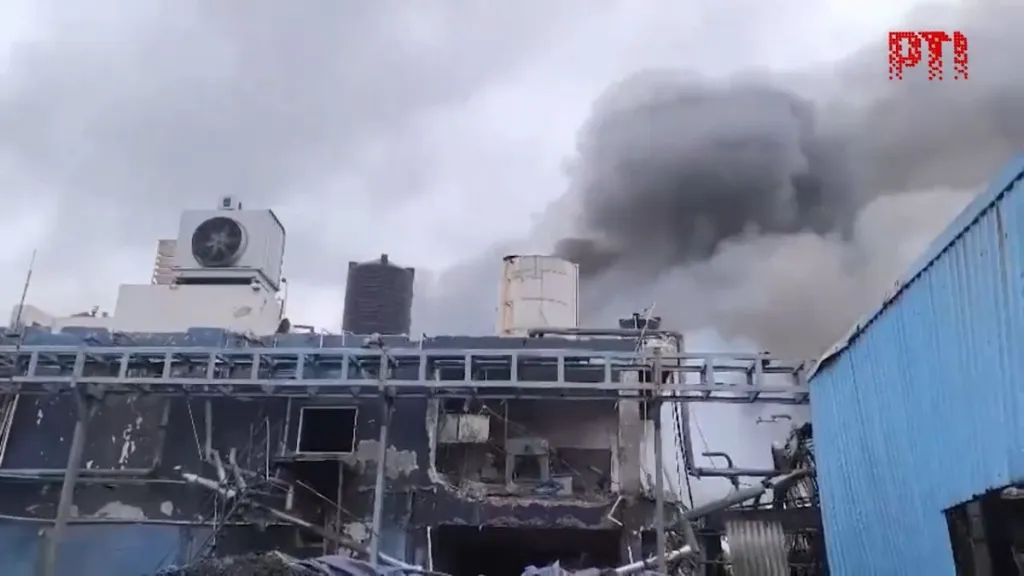 Firefighters responding to a chemical factory explosion in Telangana after a reactor blast.
